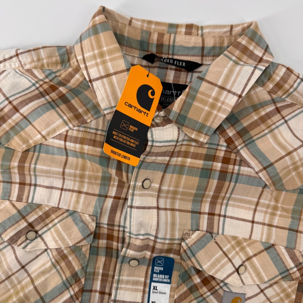 Carhartt Plaid Shirt Mens XL Tan Montana Bozeman Relaxed Fit Rugged Flex 107284